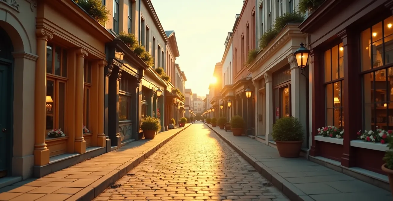 Rues pittoresques de Baie-Saint-Paul avec galeries d'art colorées, lumière douce du jour, façades historiques, végétation urbaine artiste.