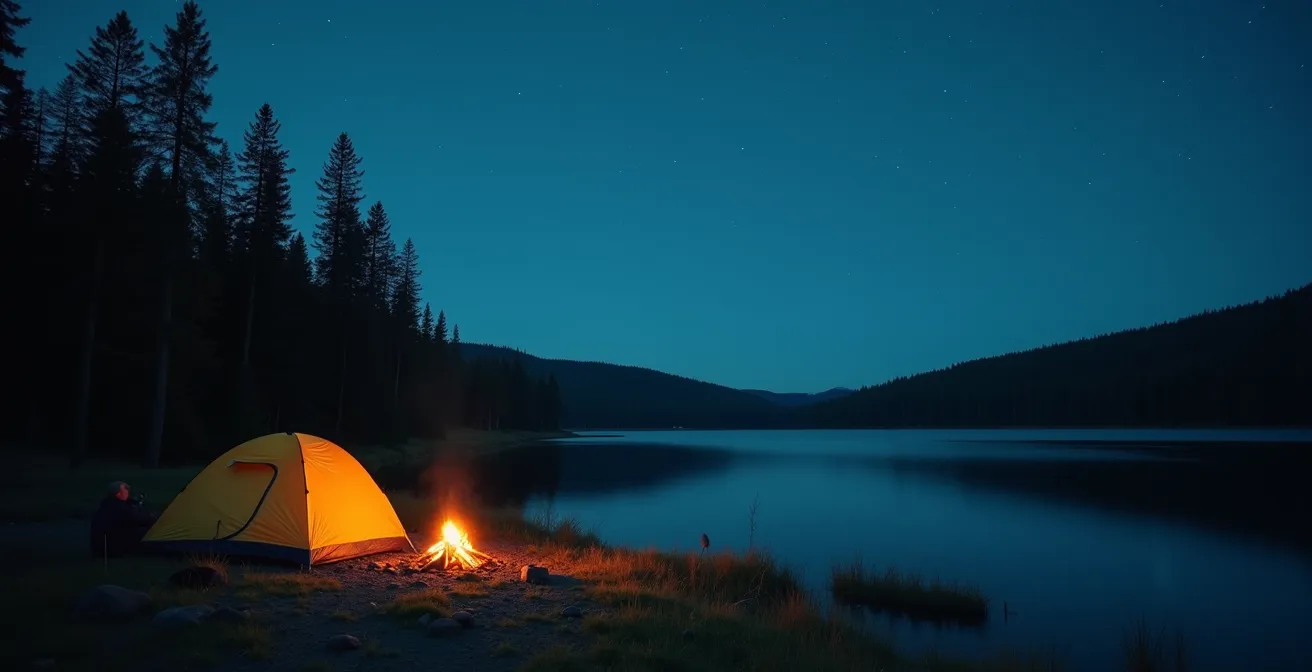 Campement improvisé au bord d'un lac forestier avec tente et feu, illustrant flexibilité et moment d'imprévu positif.