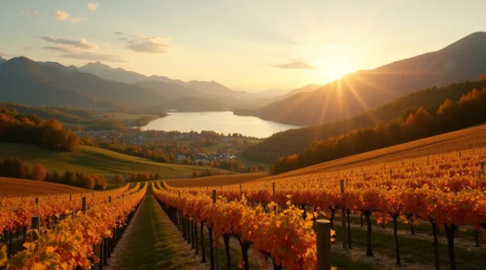 Paysage vallonné des Cantons-de-l'Est avec vignobles automnaux, lac scintillant et montagnes boisées sous ciel dramatique