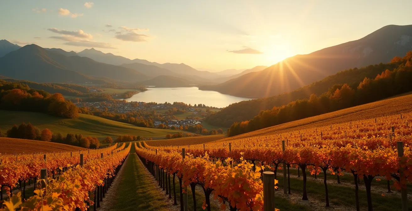 Paysage vallonné des Cantons-de-l'Est avec vignobles automnaux, lac scintillant et montagnes boisées sous ciel dramatique