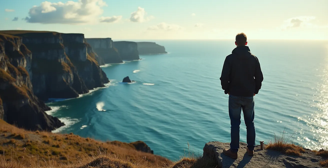 Vue panoramique depuis une falaise côtière avec l'océan en arrière-plan, point d'observation naturel pour apercevoir les baleines depuis la terre