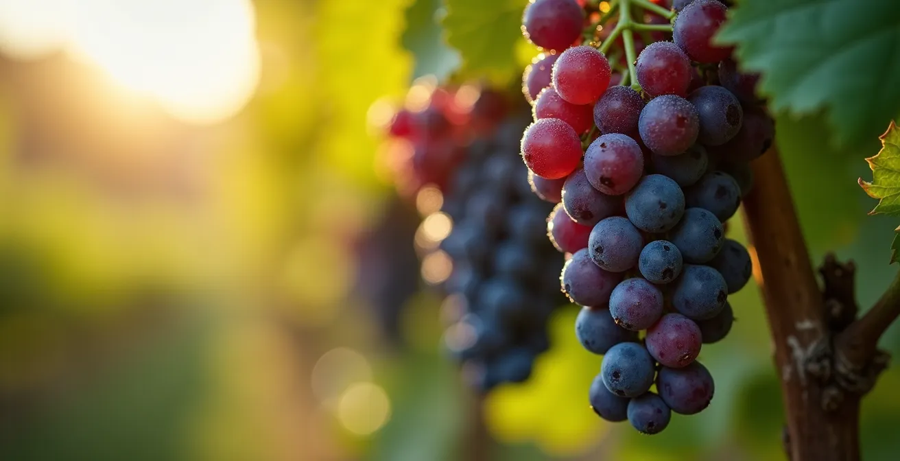 Gros plan textural sur grappes de raisins Frontenac mûrs avec gouttes de rosée, vignes et feuilles en arrière-plan flou