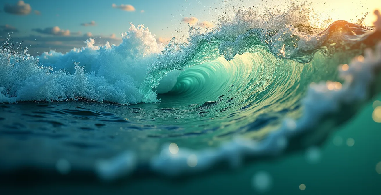 Représentation abstraite et macro de la rencontre des eaux douces, noires et froides qui créent des tourbillons nutritifs