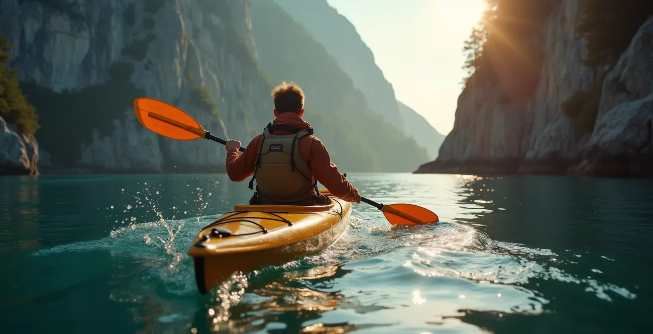 Kayakiste solitaire pagayant au pied de falaises granitiques vertigineuses du Fjord du Saguenay