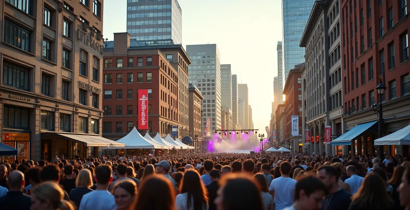 Vue panoramique du Quartier des Spectacles de Montréal durant un festival : édifices colorés, scènes lumineuses, foules plurielles, énergie culturelle visible. Architecture urbaine moderne et patrimoine culturel entrelacés