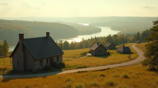 Paysage québécois montrant architecture traditionnelle, routes de campagne et fleuve Saint-Laurent, incarnant l'authenticité culturelle du Québec
