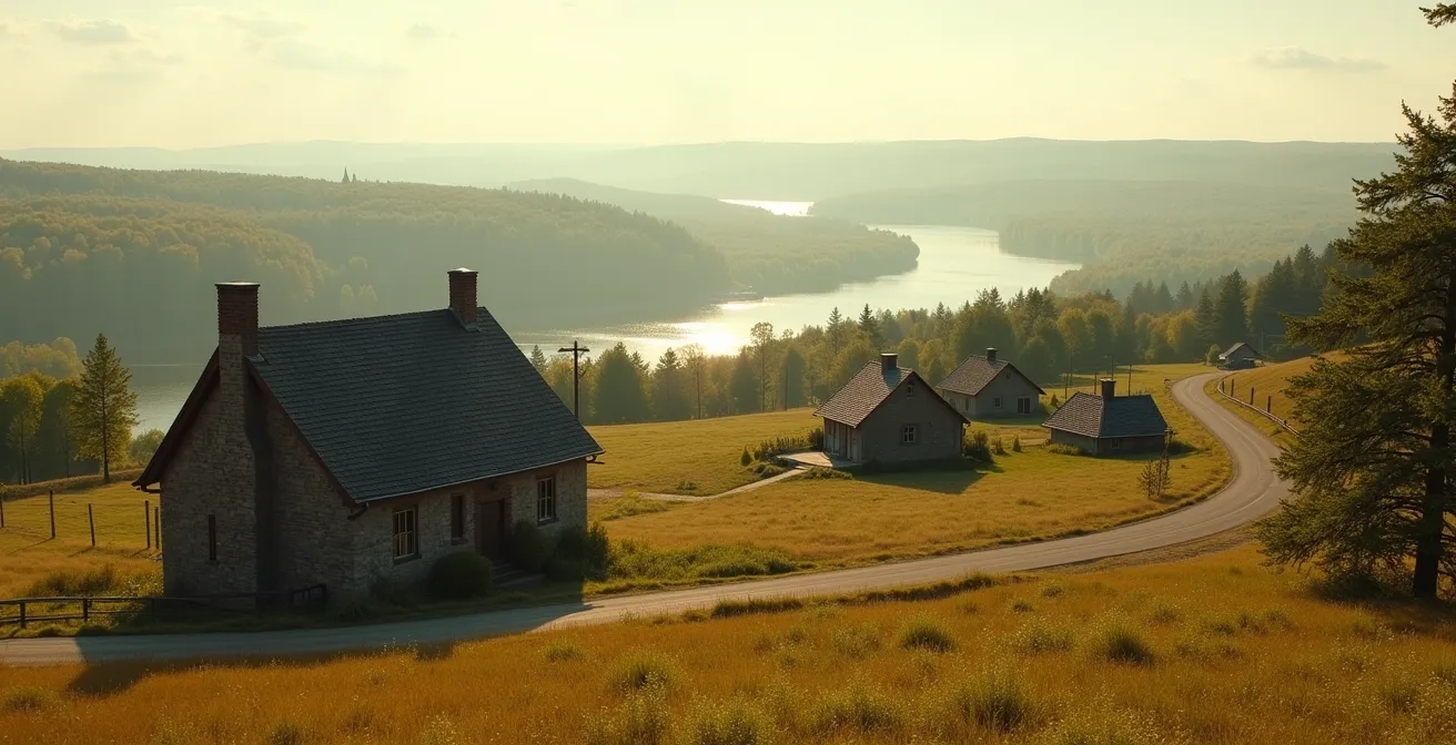 Paysage québécois montrant architecture traditionnelle, routes de campagne et fleuve Saint-Laurent, incarnant l'authenticité culturelle du Québec