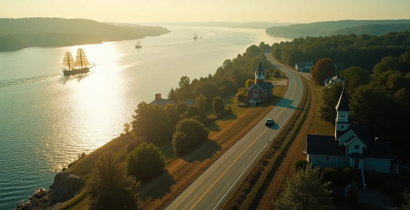 Perspective aérienne d'une route longeant le fleuve Saint-Laurent avec voiliers historiques et villages médiévaux en arrière-plan.