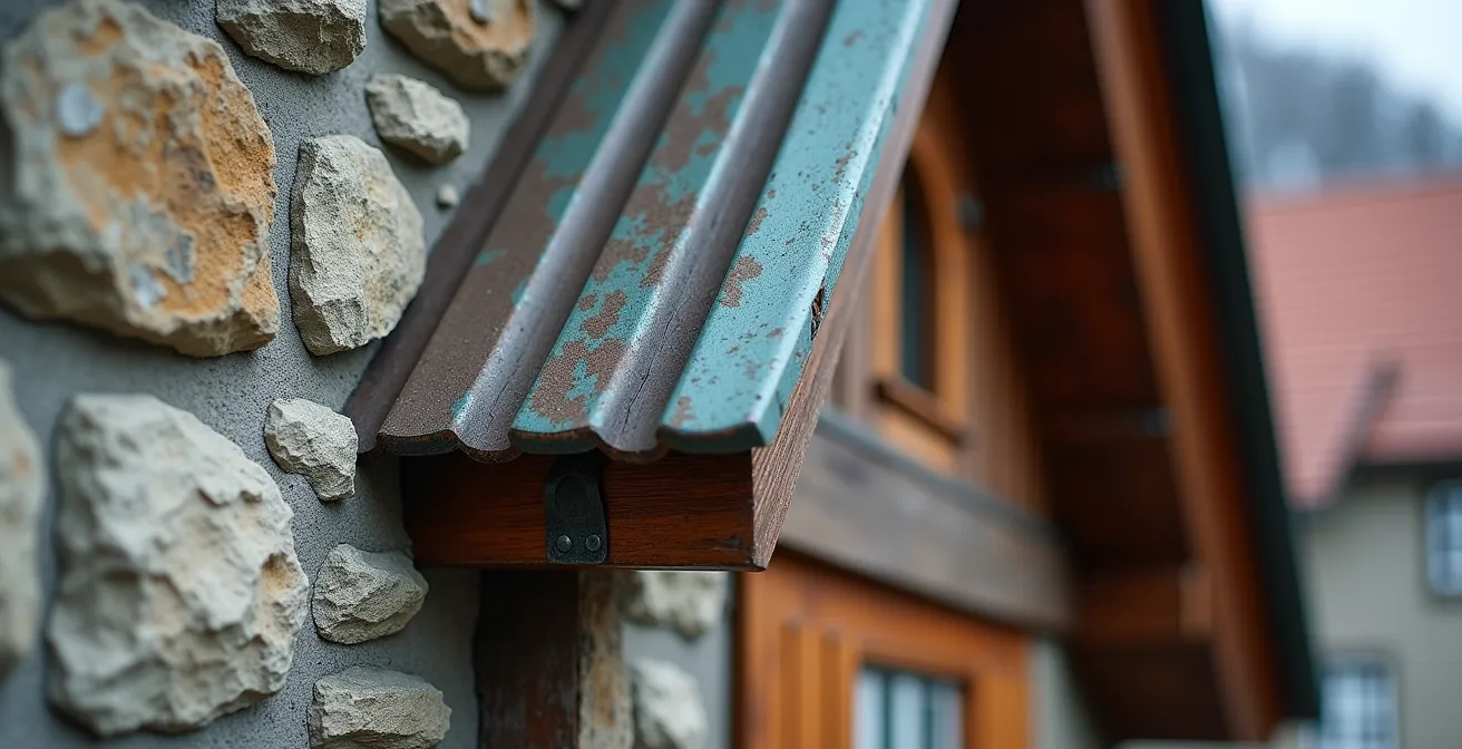 Détail architectural d'une maison traditionnelle québécoise avec toit pentu et lucarnes