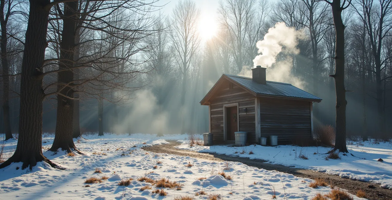 Cabane à sucre traditionnelle entourée d'érables avec de la vapeur s'échappant de l'évaporateur