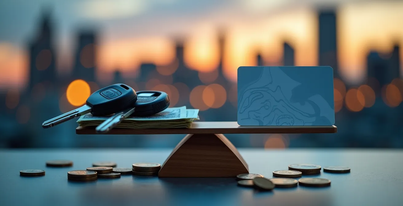 Illustration conceptuelle d'un calculateur de rentabilité comparant les coûts de possession automobile versus autopartage