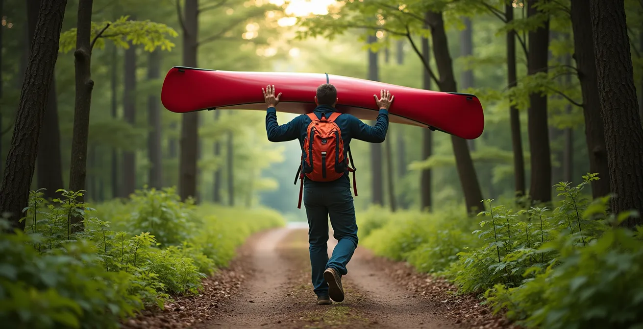 Portage traditionnel d'un canot rouge sur un sentier forestier québécois avec équipement de camping