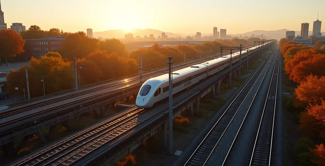 Vue aérienne montrant un train REM moderne automatisé et un train exo à deux étages sur des voies parallèles
