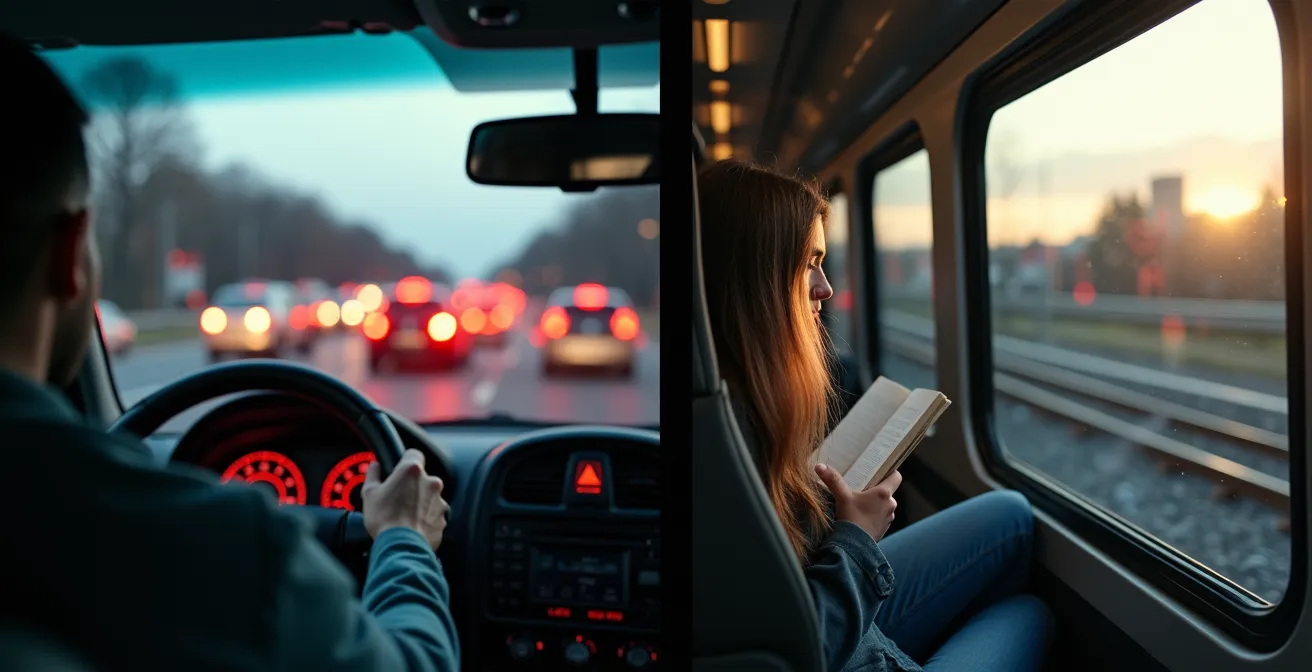 Split-screen montrant un conducteur stressé dans le trafic et un passager détendu lisant dans le train