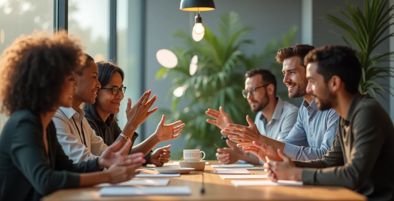 Bureau moderne de linguistes travaillant sur de nouveaux termes français avec des éléments technologiques