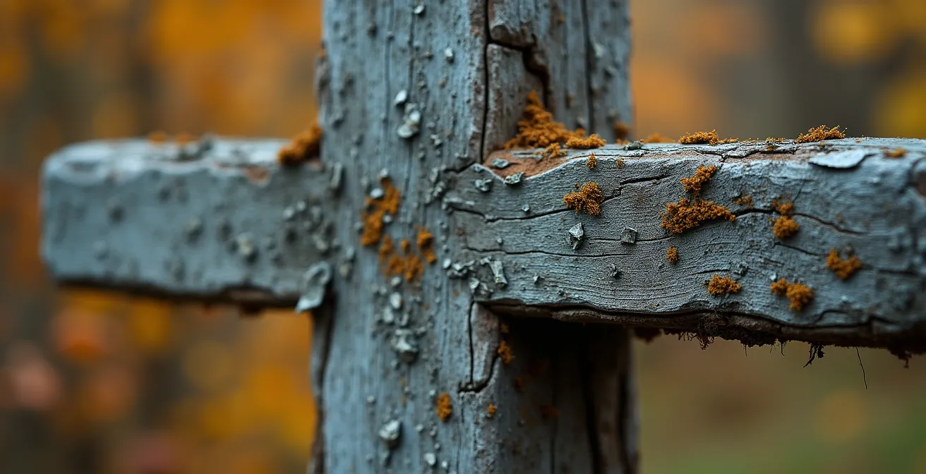 Croix de chemin isolée dans un paysage rural québécois automnal symbolisant le passé religieux