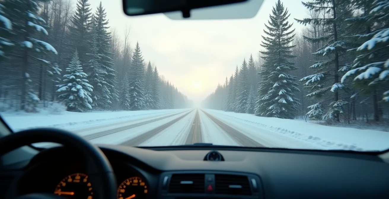 Vue à travers le pare-brise d'une route enneigée traversant une forêt québécoise