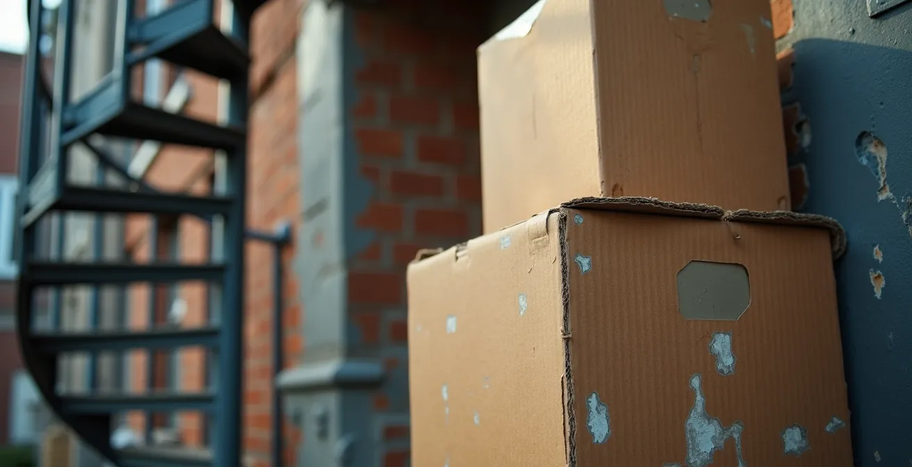 Scène de déménagement typique du 1er juillet à Montréal avec camions et escaliers extérieurs