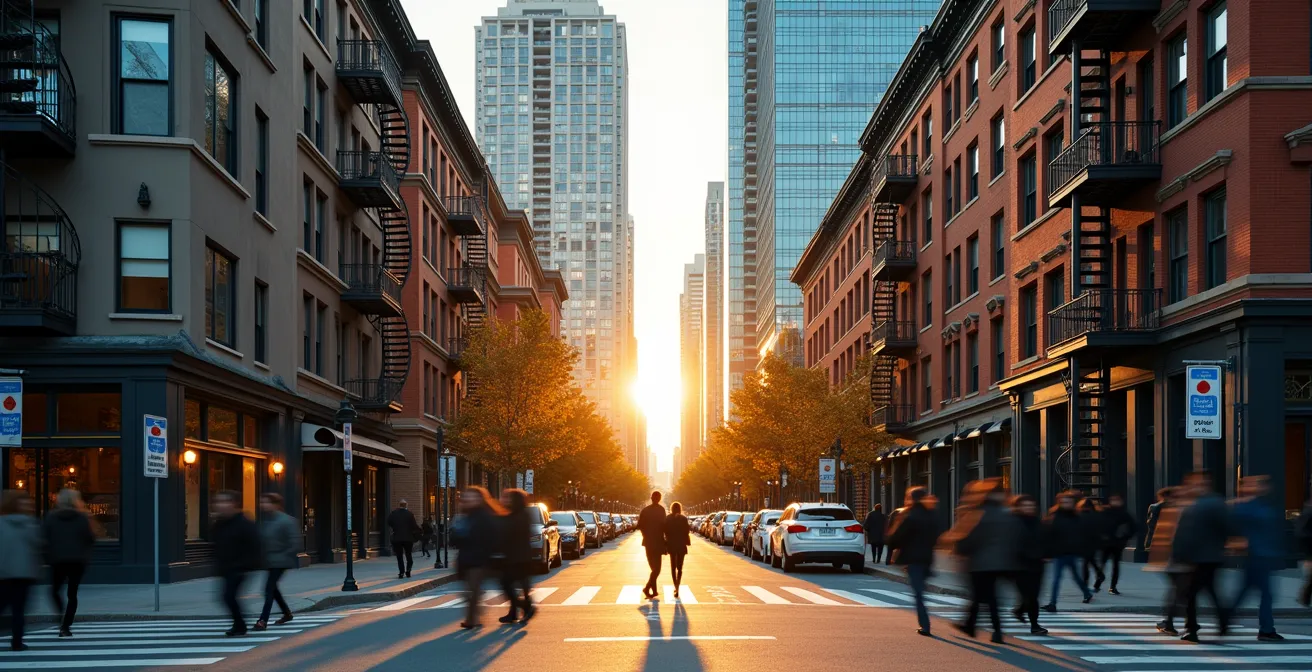 Scène de rue montréalaise capturant la diversité culturelle à travers l'architecture et les personnes