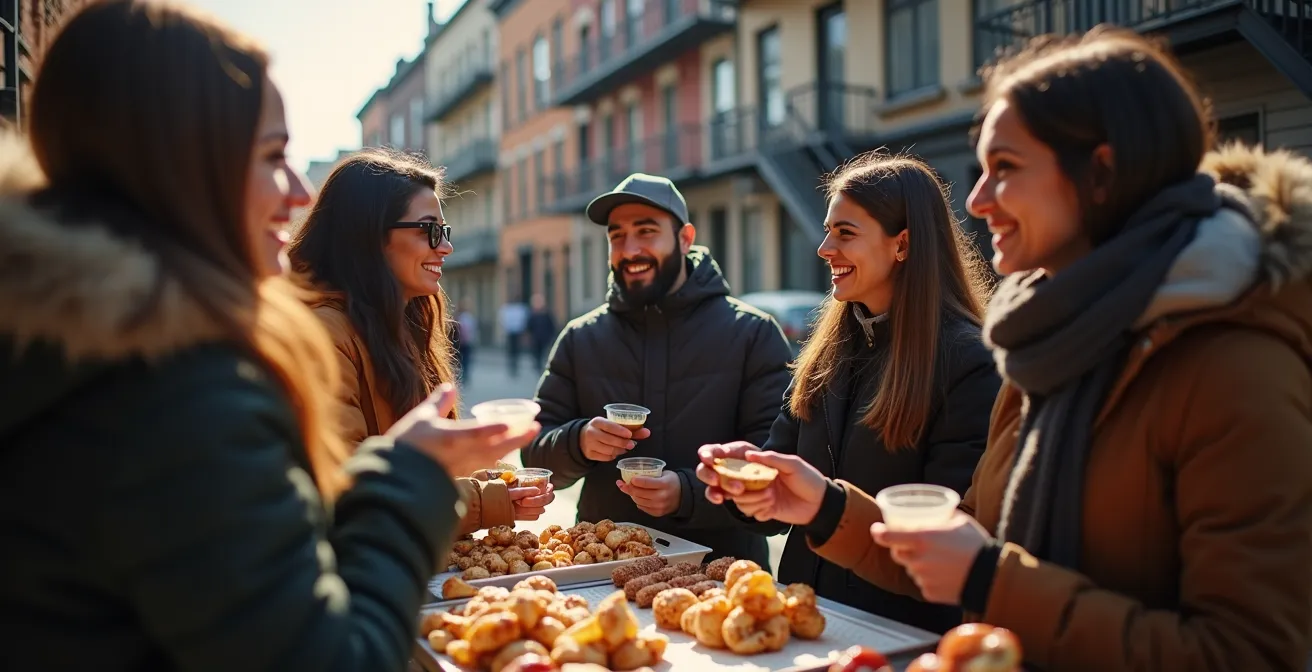 Scène de rue multiculturelle à Montréal avec des personnes de diverses origines