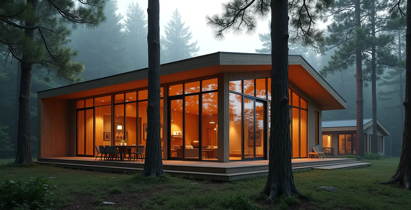 Écolodge moderne en bois local intégré dans la forêt boréale québécoise avec grandes fenêtres panoramiques