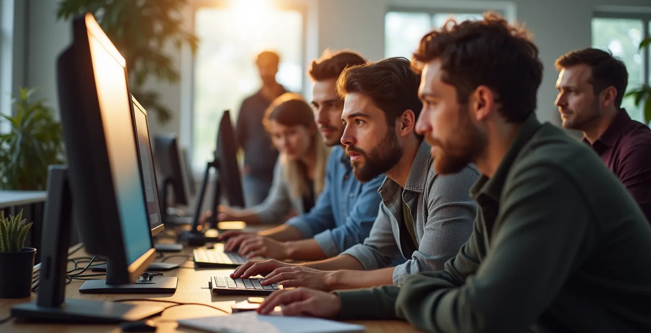 Espace de travail créatif dans un studio de jeu vidéo montréalais avec développeurs en collaboration