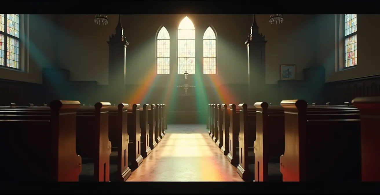Intérieur d'une église traditionnelle québécoise avec des vitraux colorés et une atmosphère solennelle