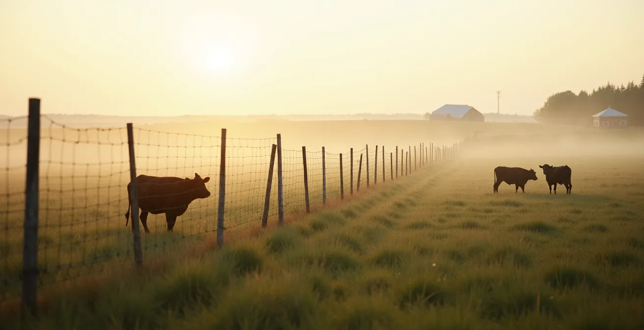 Troupeau de bovins en pâturage rotatif dans un champ québécois avec clôtures mobiles