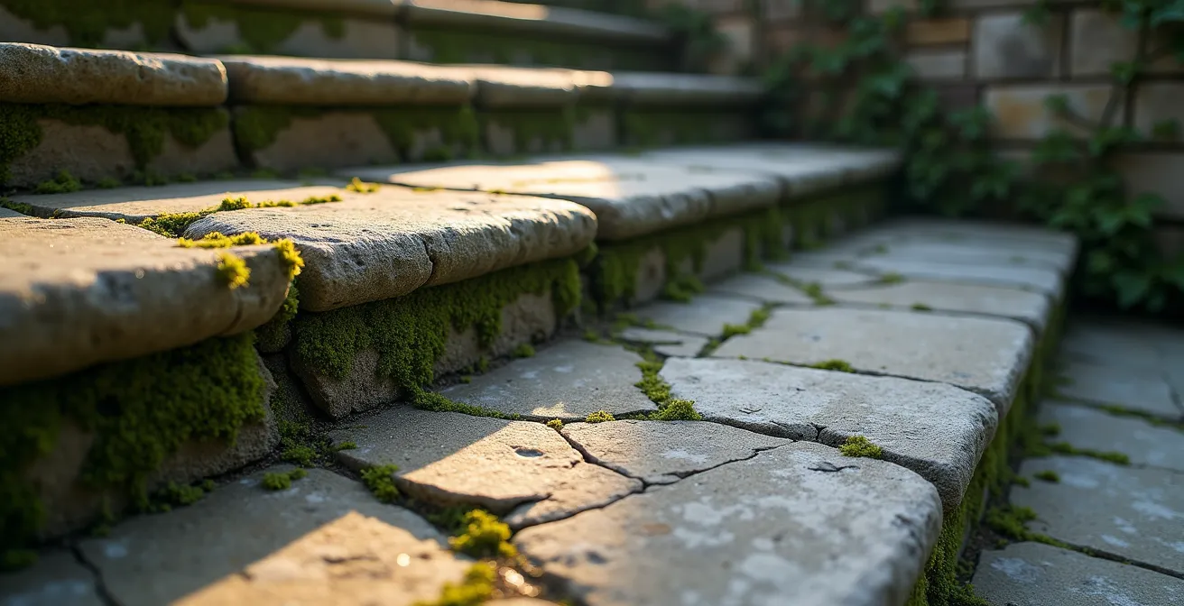 Gros plan sur les marches de pierre usées d'un escalier historique de Québec montrant les textures et l'usure du temps