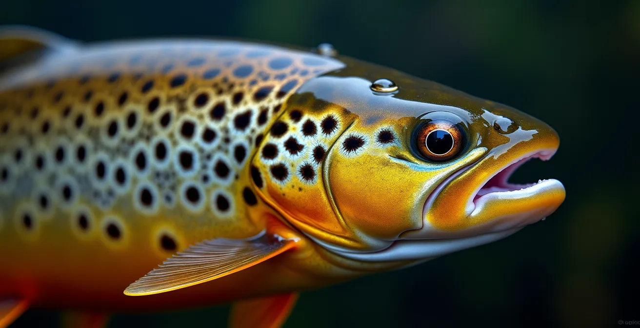 Vue macro détaillée des écailles iridescentes d'une truite mouchetée québécoise