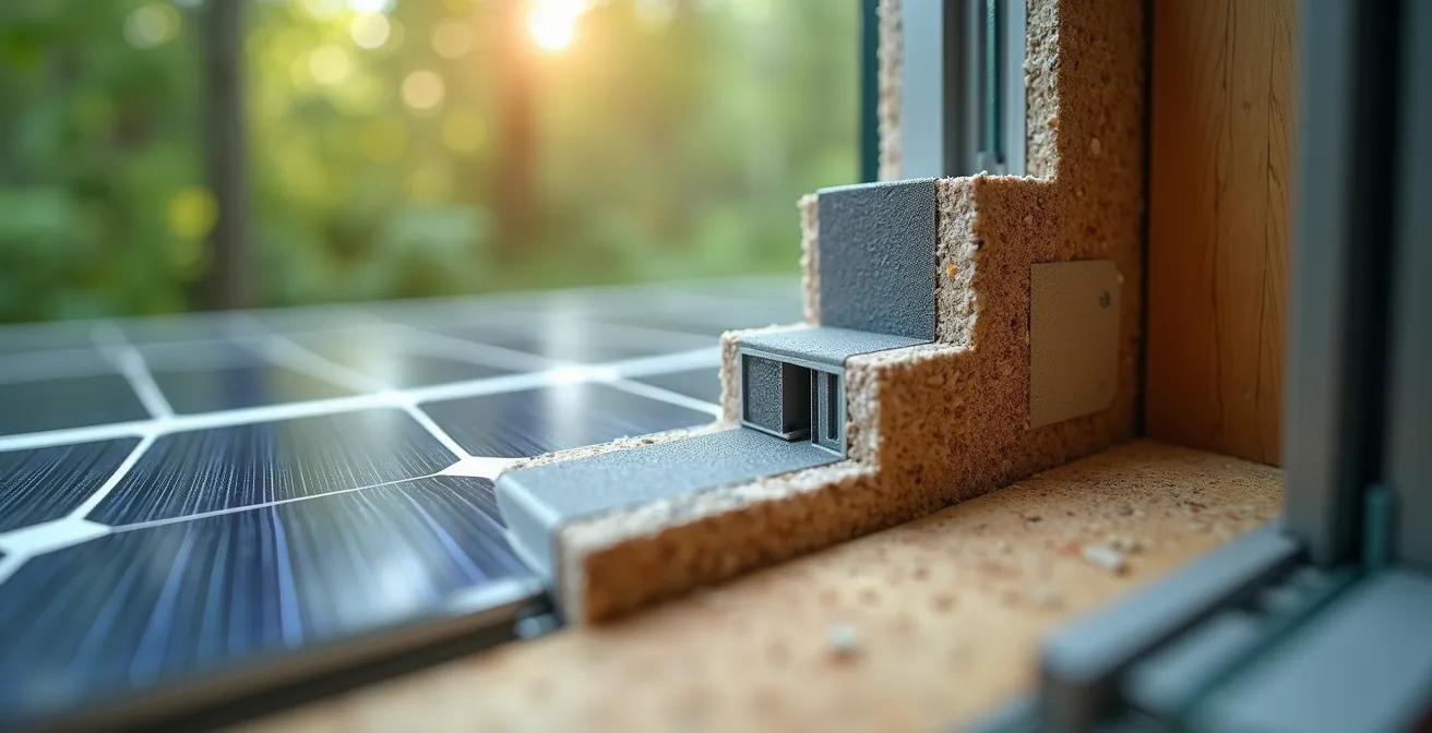 Détail architectural d'une maison québécoise moderne avec éléments écoénergétiques visibles