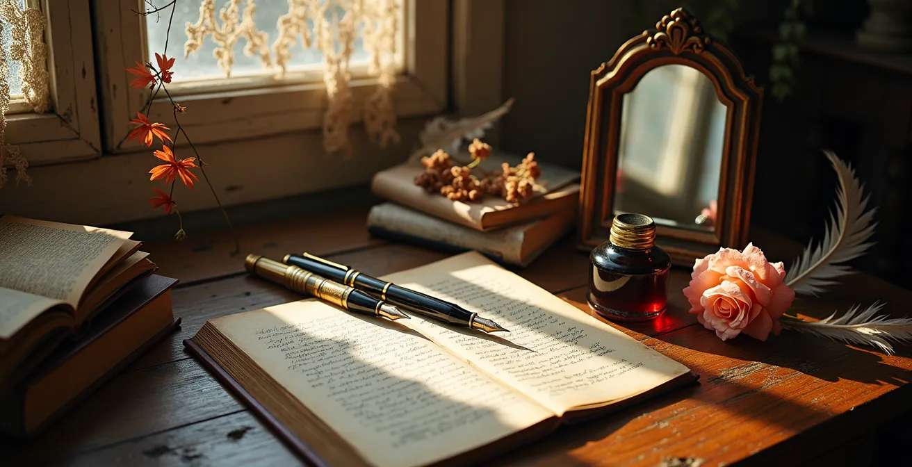 Portrait symbolique des voix féminines de la littérature québécoise avec plumes et encre