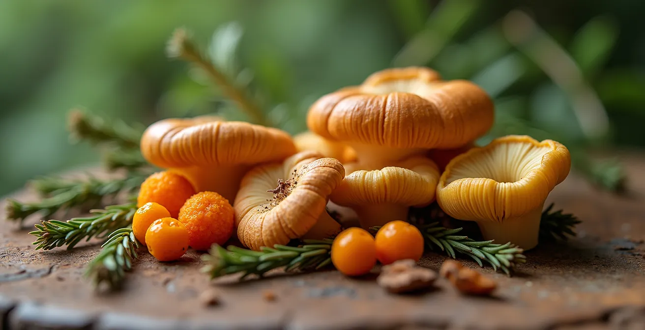 Arrangement artistique d'ingrédients de la forêt boréale incluant champignons sauvages, baies d'argousier et branches de conifères sur table en bois naturel