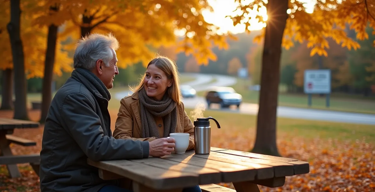 Halte routière québécoise typique entourée d'érables en automne avec tables de pique-nique