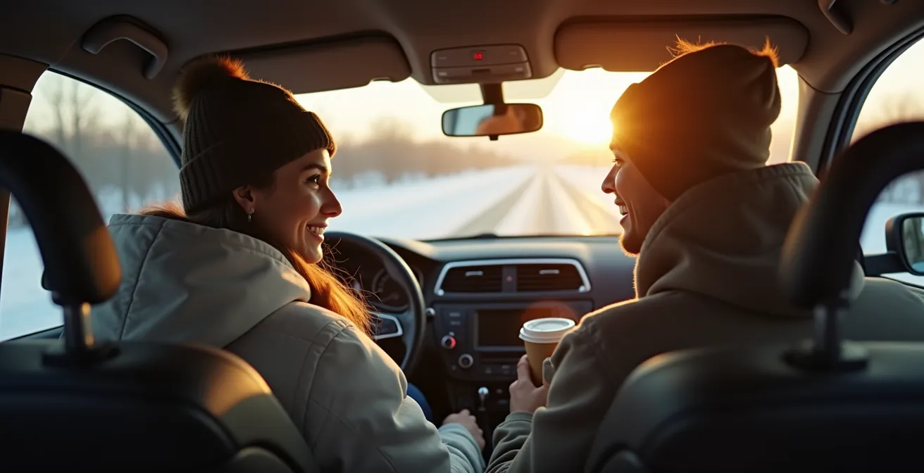 Intérieur d'une voiture montrant l'ambiance conviviale d'un covoiturage au Québec