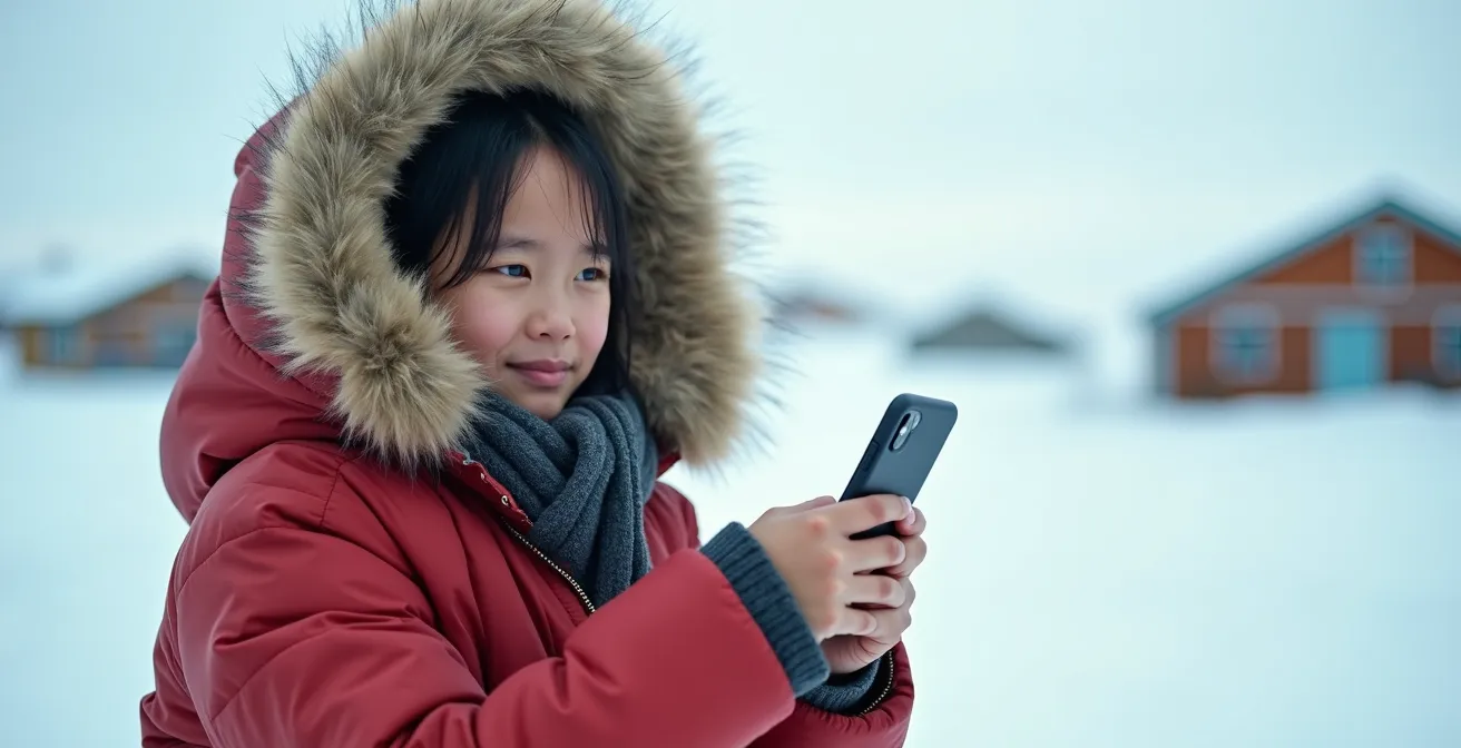 Jeune Inuit avec équipement traditionnel et technologie moderne dans le paysage du Nunavik
