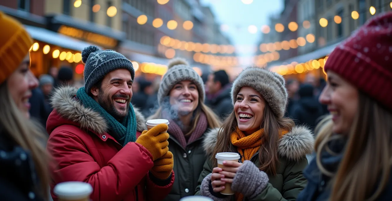 Célébration hivernale québécoise avec foule joyeuse dans un décor enneigé illuminé