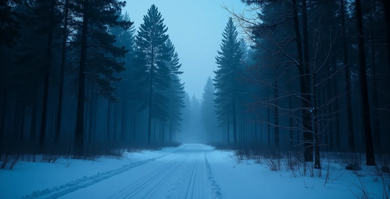 Forêt enneigée québécoise mystérieuse évoquant l'univers des légendes traditionnelles