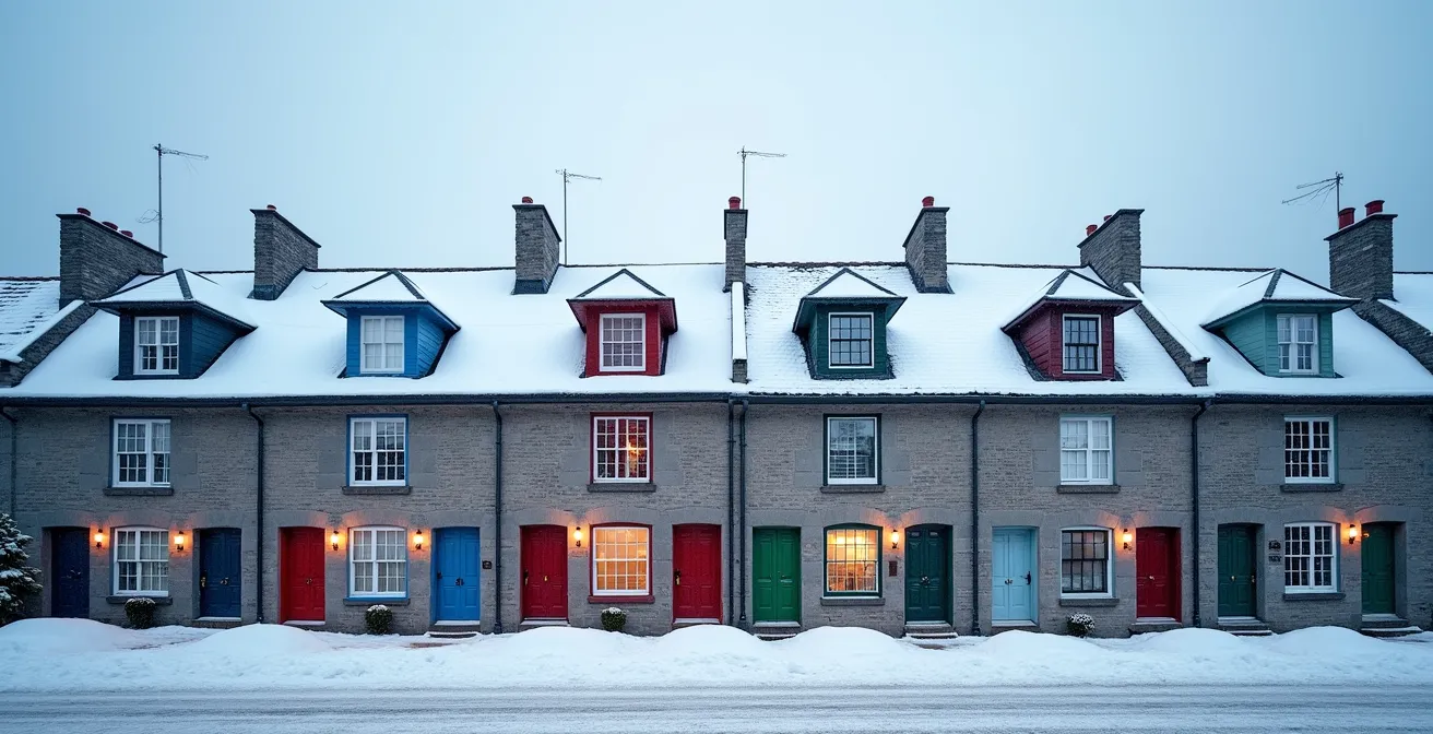 Vue large d'une rangée de maisons québécoises traditionnelles colorées sous la neige avec leurs toits pentus caractéristiques