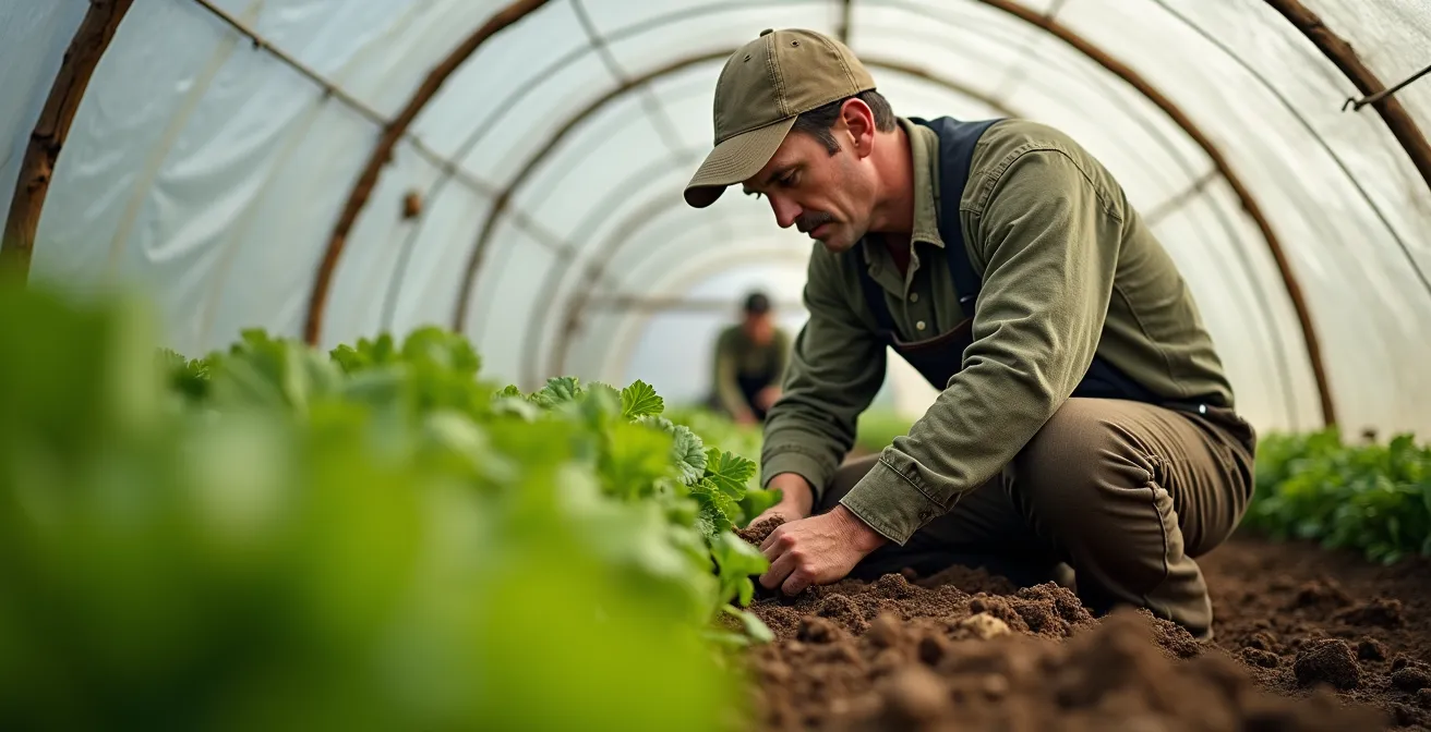 Maraîcher québécois travaillant dans une serre tunnel remplie de légumes biologiques