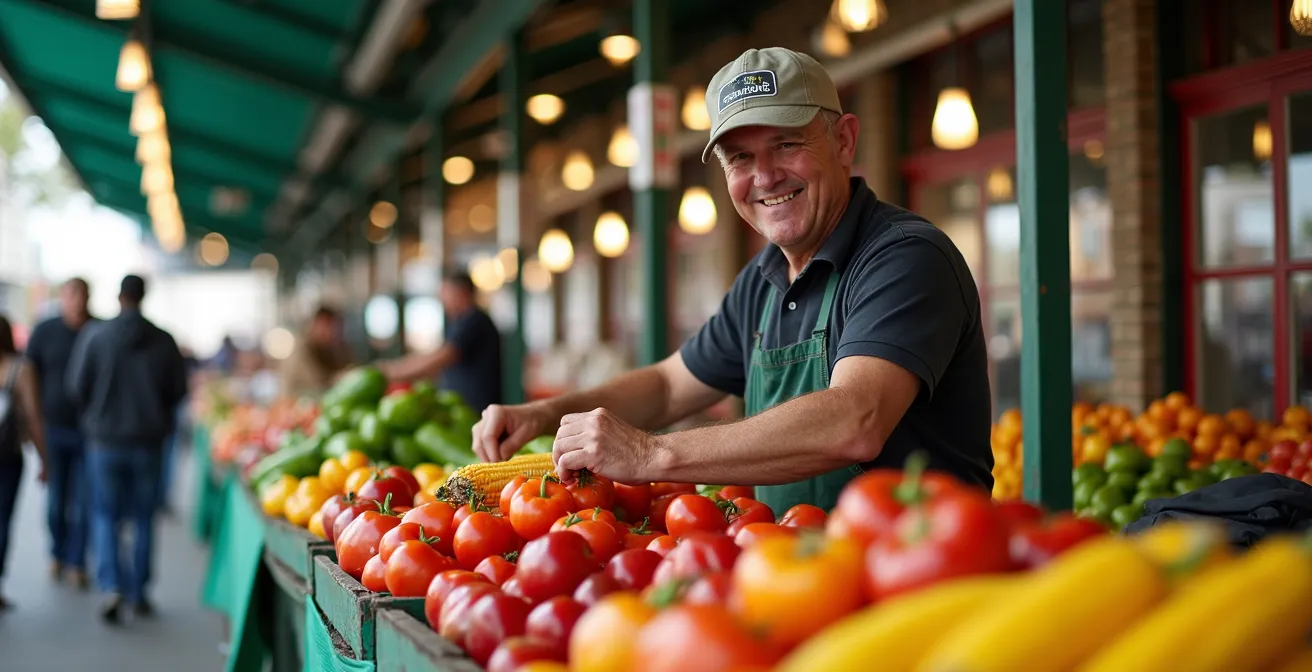 Vue panoramique du marché Jean-Talon avec ses étals colorés de légumes frais et ses allées animées sous la structure caractéristique du marché