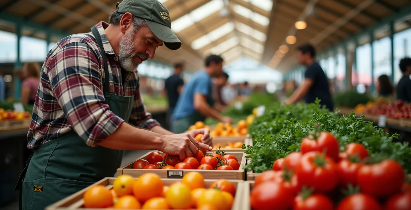 Allée couverte du marché Jean-Talon avec des étals de légumes colorés et des producteurs servant les clients