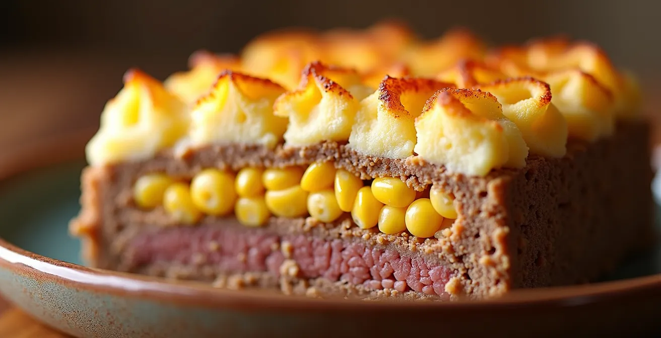 Vue en coupe d'un pâté chinois montrant les trois couches distinctes dans un plat en céramique