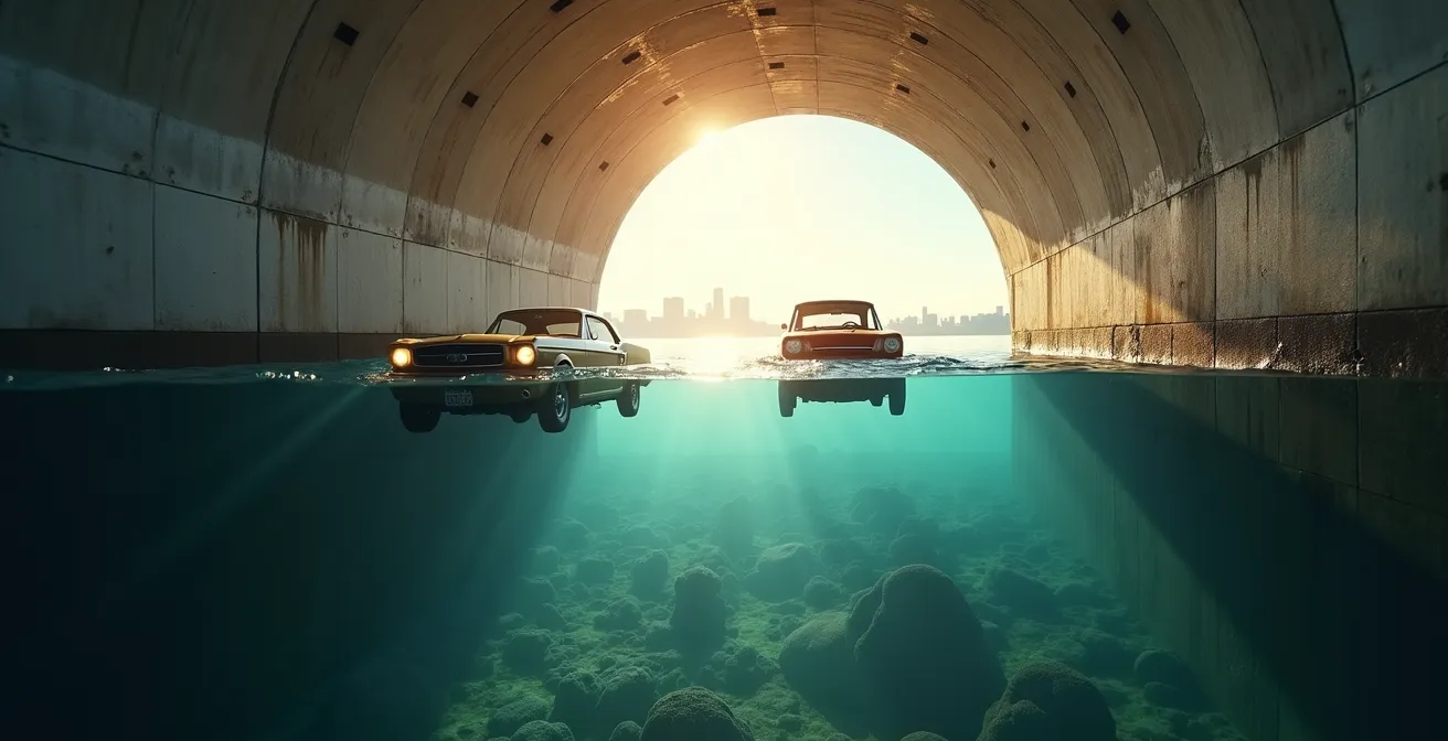 Vue sous-marine stylisée du tunnel Louis-Hippolyte-La Fontaine avec effet de lumière aquatique