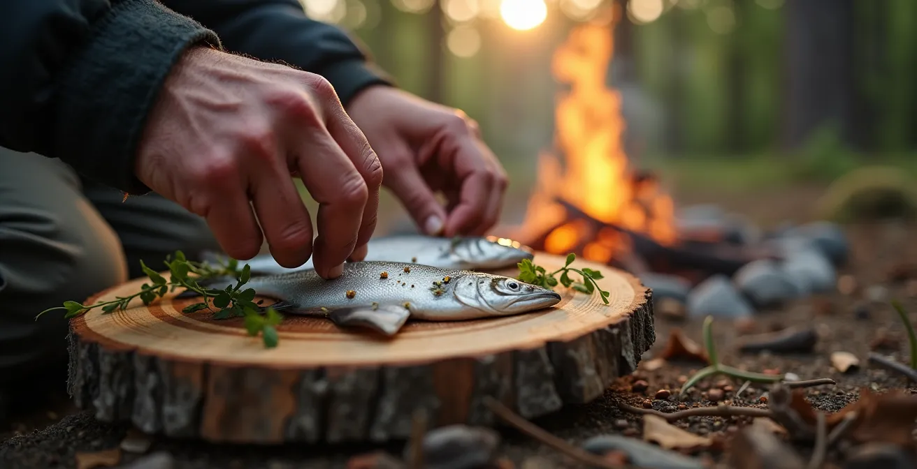 Mains préparant une truite fraîche sur une planche de bois près d'un feu de camp