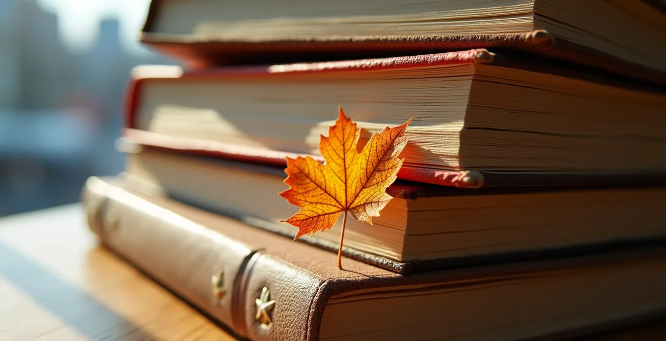 Pile de livres québécois contemporains dans un café montréalais avec vue sur le mont Royal
