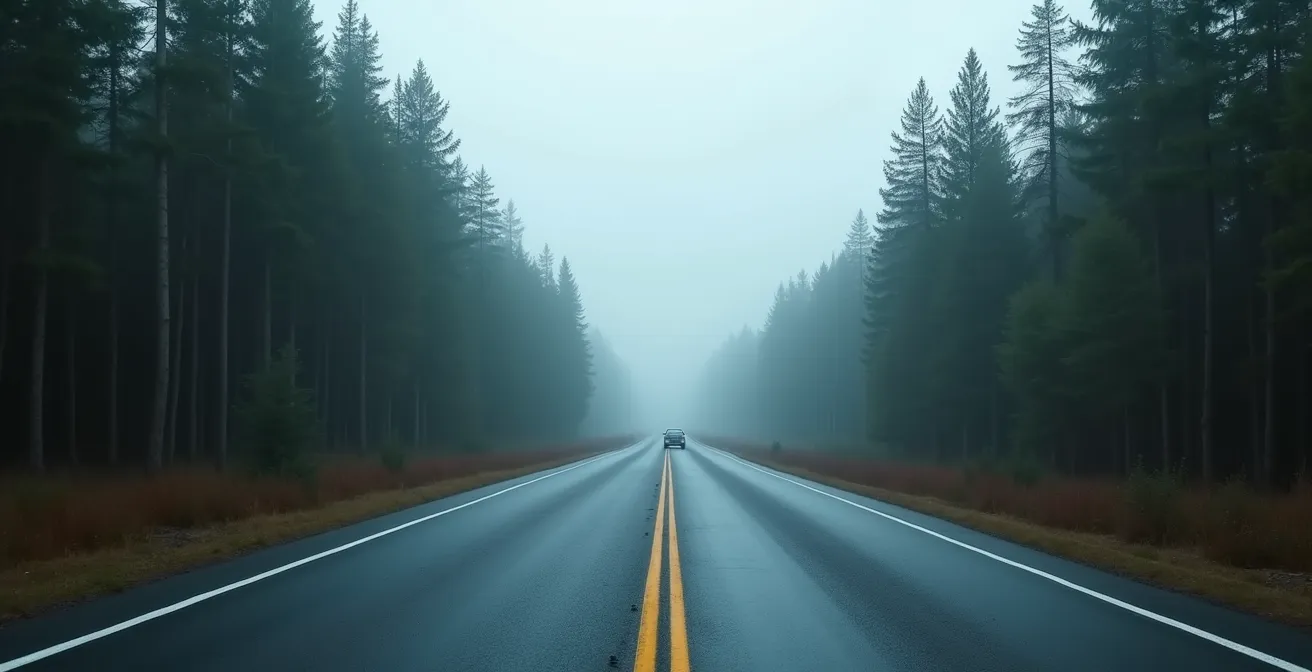 Route déserte de la Baie-James traversant l'immensité de la forêt boréale
