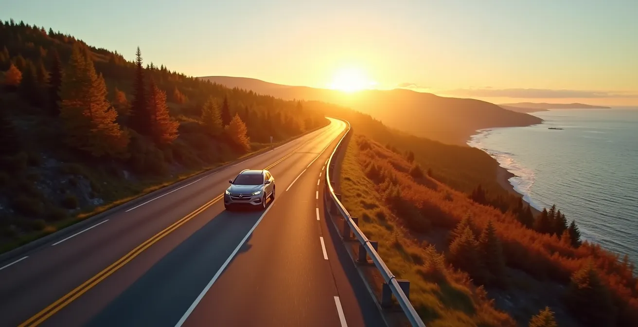Vue panoramique d'une route vers la Gaspésie avec une voiture de covoiturage