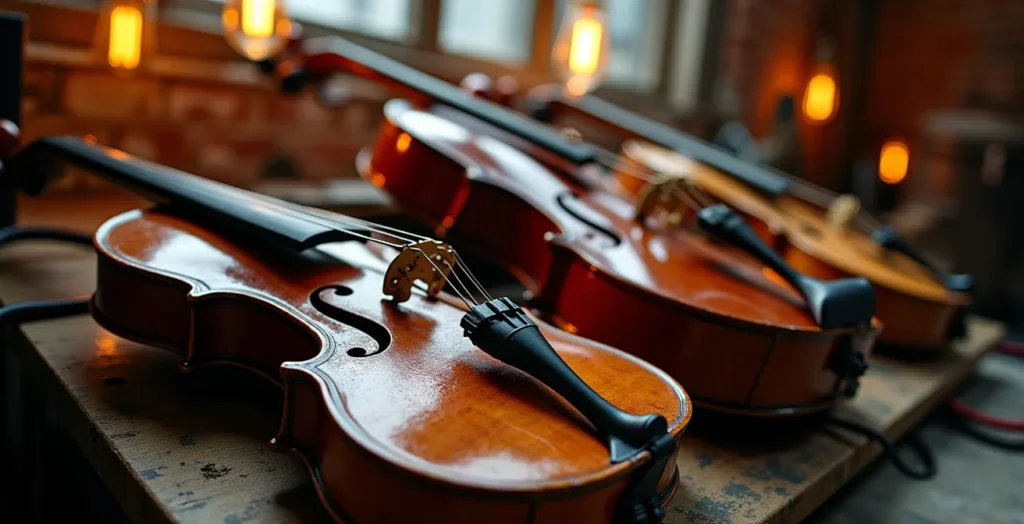 Gros plan sur des instruments de musique variés (violon, accordéon, guitare, batterie) éparpillés dans un espace de répétition montréalais avec murs briques et lumière naturelle créant des ombres dynamiques, symbolisant la diversité musicale de la scène indépendante