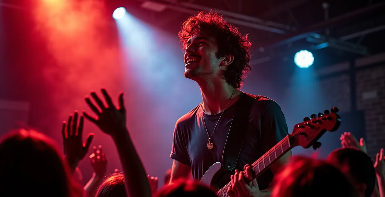 Scène de concert rock dans une salle intimiste de Montréal avec musiciens et public